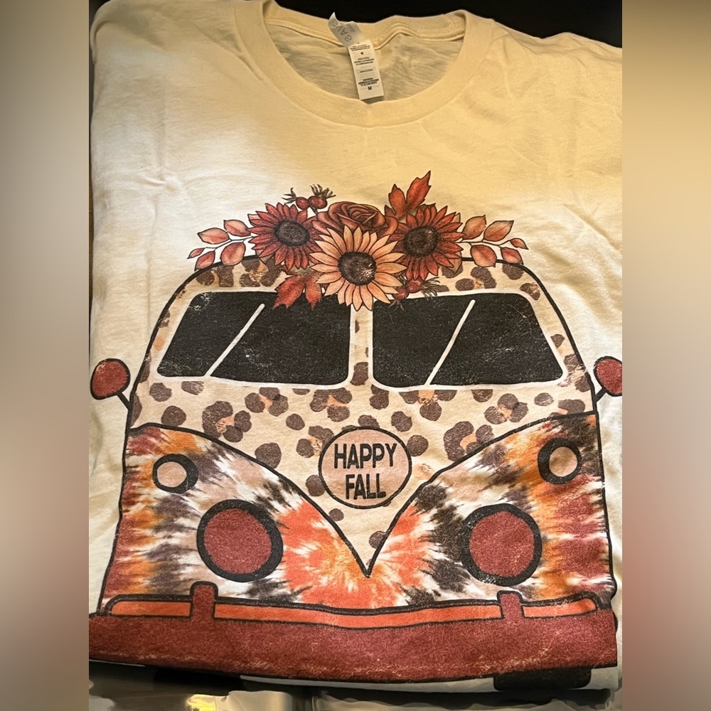 Fall Leopard floral VW Bus short sleeve T-shirt hippie boho brown beige NWT - Picture 5 of 10